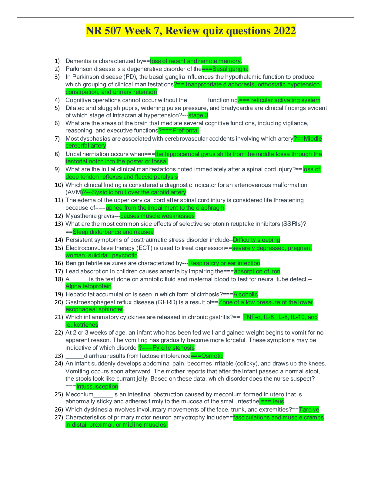 Preview image for NR 507 Week 7, Review quiz questions 2022-2023, all answers correct, Chamberlain College of Nursing (2)